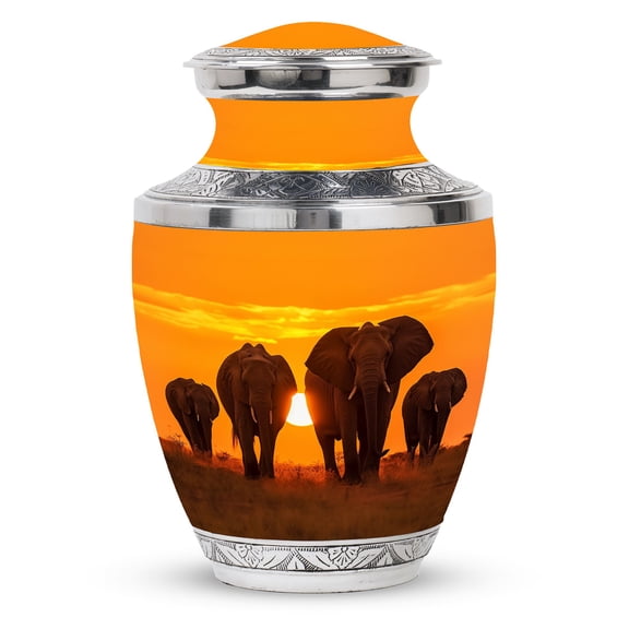 Elephant Walking In Sunset Urn For Ashes, Sunset-Themed Memorial Urns For Human Ashes, Large Cremation Urns For Ashes Adult Female, Funeral Urns, Decorative Ashes Urn 10 Inch