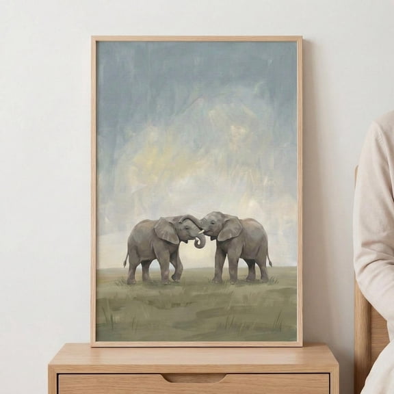 Elephant Wall Art Safari Nursery Decor Neutral Animal Illustration Two Elephants Unframed Paper Print