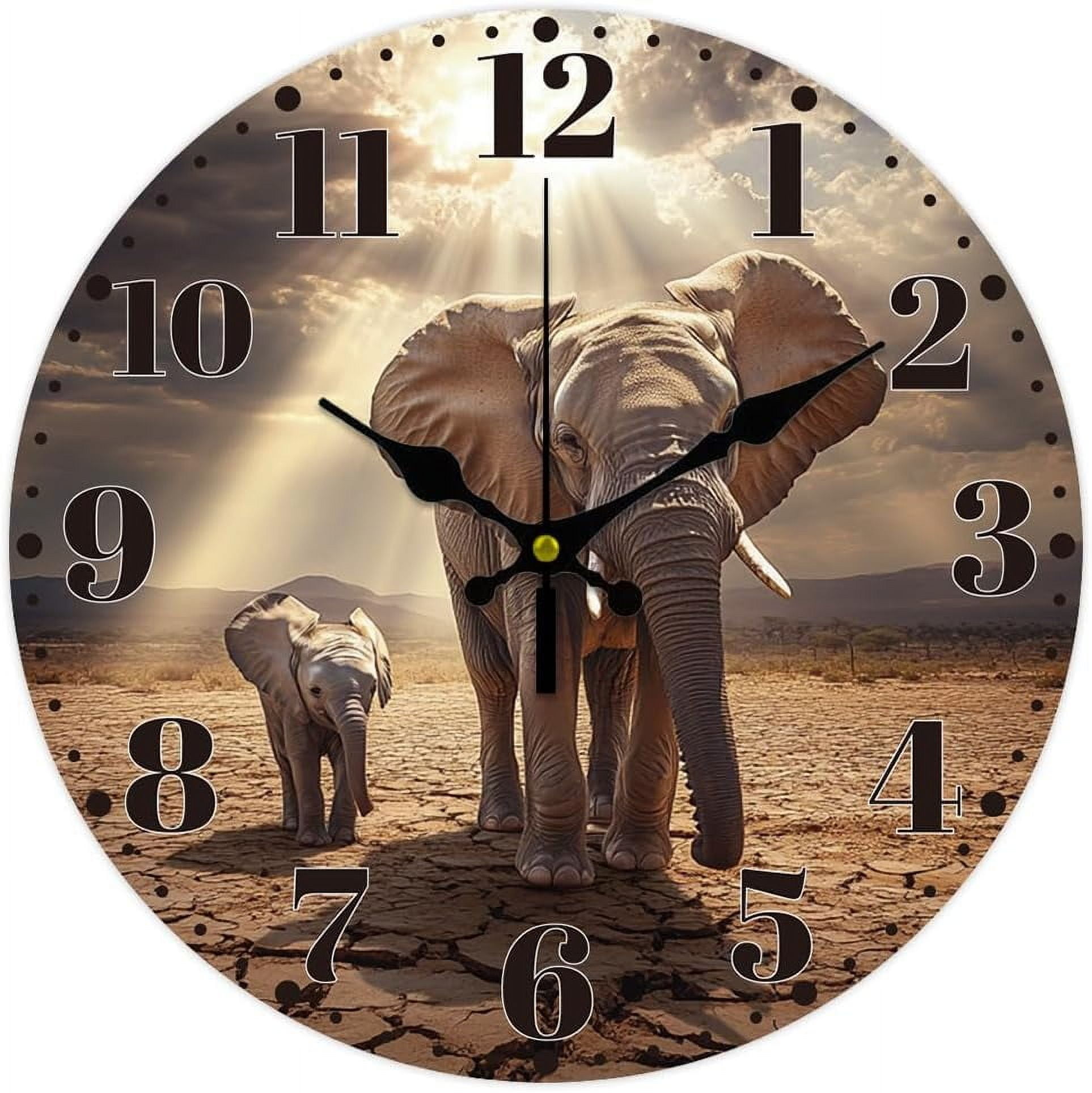 Elephant Wall Clock 12 Inch Battery Operated Clocks Wild Elephant Non ...