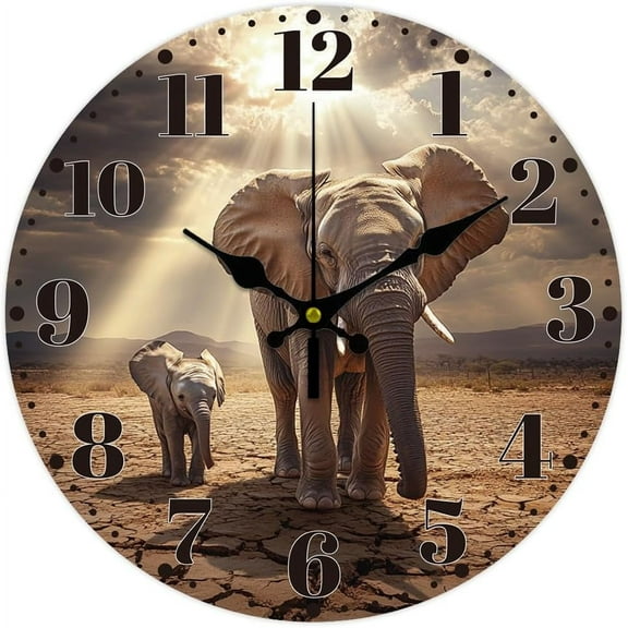 Elephant Wall Clock 12 Inch Battery Operated Clocks Wild Elephant Non Ticking Silent Wall Clock Decorative Clocks for Kitchen Living Room Bedroom Bathroom
