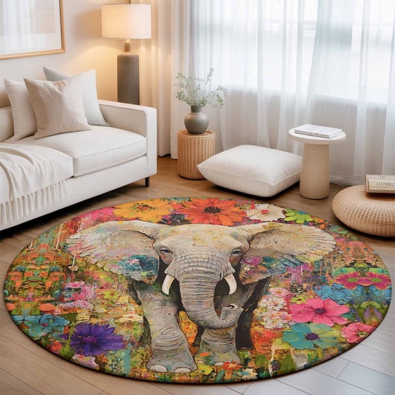 Elephant Washable Round Area Rug 3 ft, Animal Floral Garden Oil Paint Style, Soft Non Slip Rugs Stain Repellent Indoor Felt Carpet for Living Dining Room Bedroom Home Office