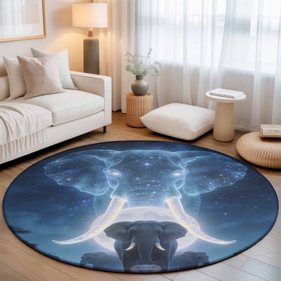 Elephant Washable Round Area Rug 6 ft, Watercolor Elephant Fantasy Moon Forest Tree Natural Scenery, Soft Non Slip Rugs Stain Repellent Indoor Felt Carpet for Living Dining Room Bedroom Home Office