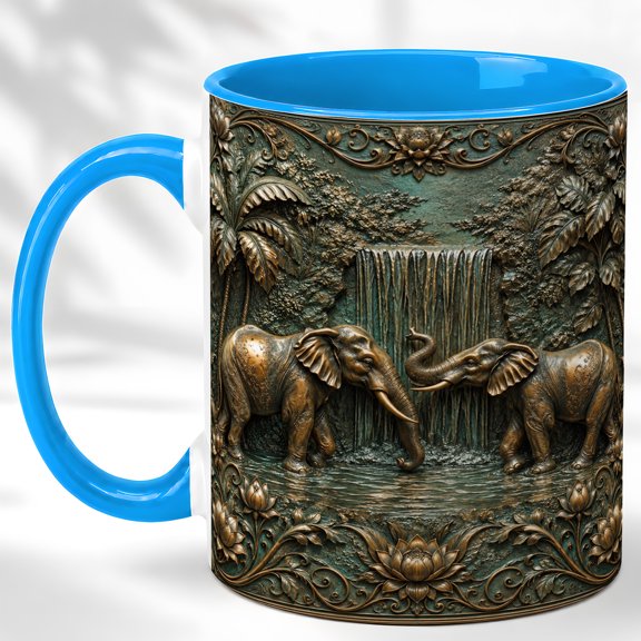Elephant Waterfall Coffee Mug, Jungle Animal Mug, Ceramic 11 oz
