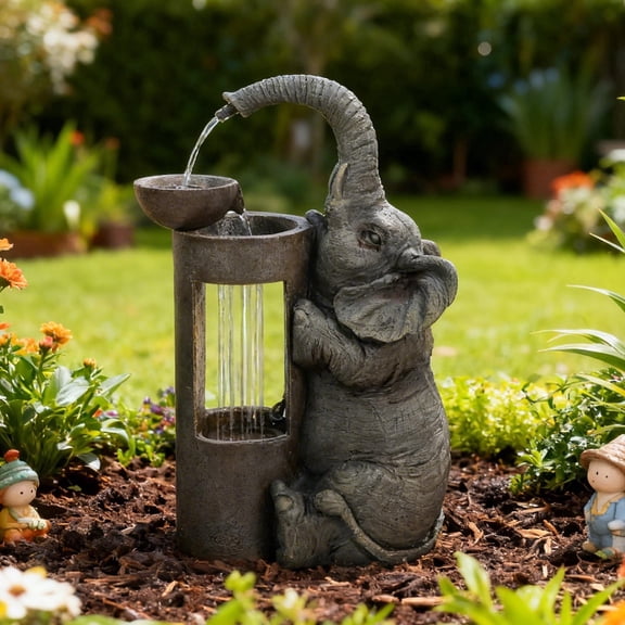 Elephant Waterfall Fountain for Indoor Desktop & Outdoor Use Small Garden Water Feature with LED Light Quiet Mini Cute Table Water Fountains for Patio, Yard, Home Decor