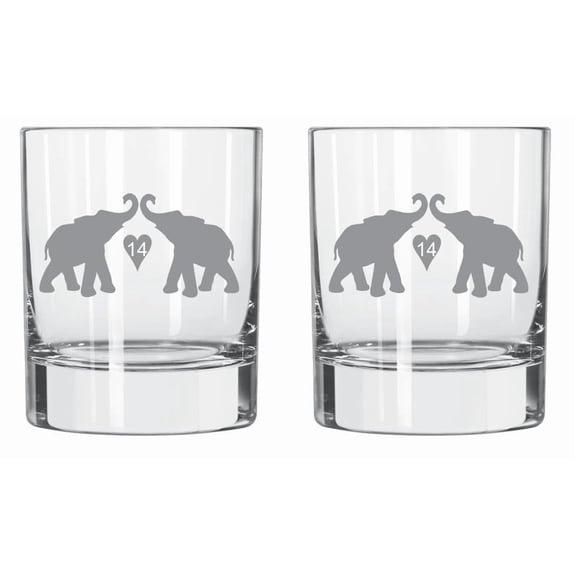 Elephant Whiskey Glass Set of 2, Elephant Glassware, Elephant Gift, Ivory Anniversary, 14th Anniversary, 14 Heart