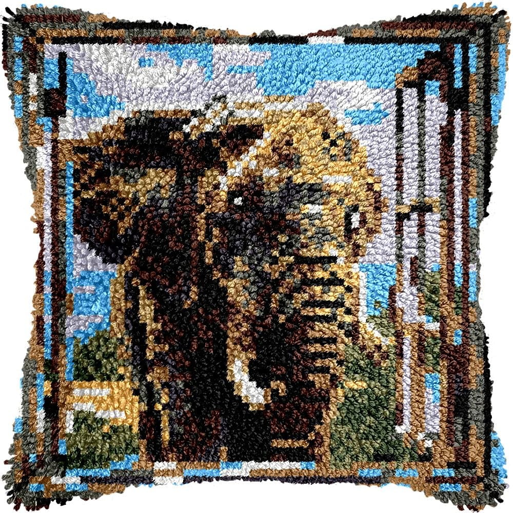 Elephant at Window Latch Hook Kits Pillow kits Cushion Throw Pillow Embroidery Craft Kits DIY Kits of DIY Hooking Pillowcase Cover Supplier with Color Printed Canvas 43x43cm (84)