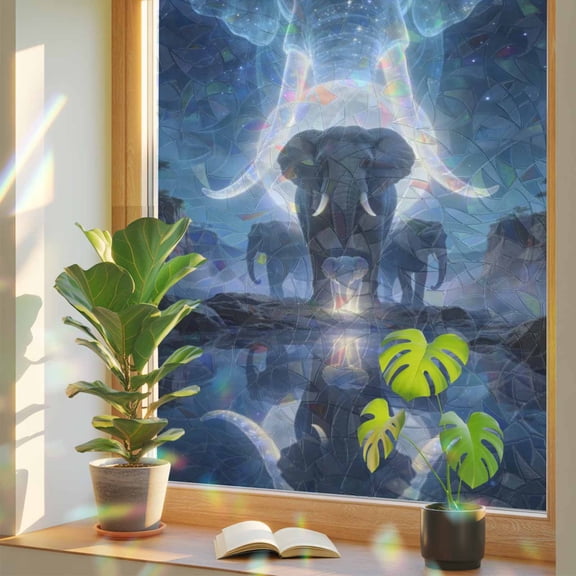 Elephant Window Privacy Film, Watercolor Elephant Fantasy Moon Forest Tree Natural Scenery Stained Glass Rainbow Film Decorative Window Clings, Static Cling Sun Blocking Stickers 19.6" x 39.3"