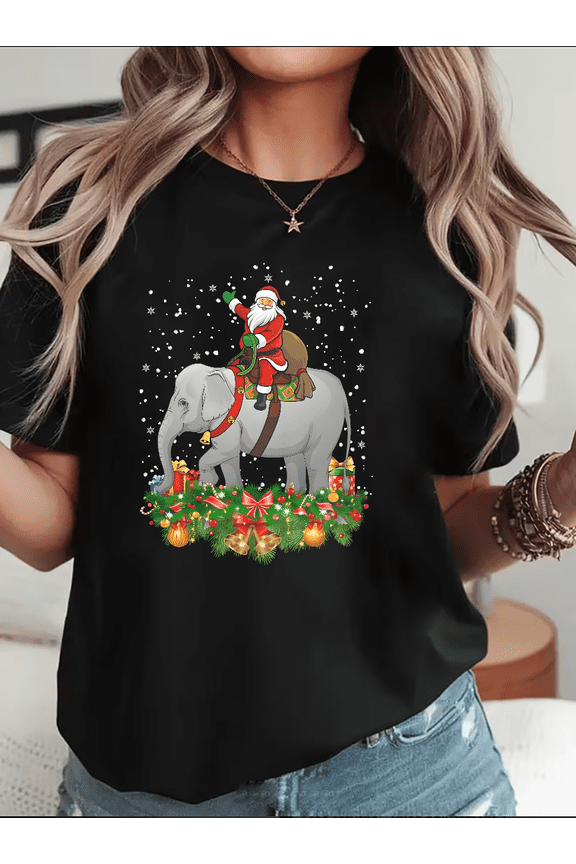 Elephant Winter Fun Graphic Festive Season Graphic Apparel Unisex T-Shirt V15865, up to Size 5XL