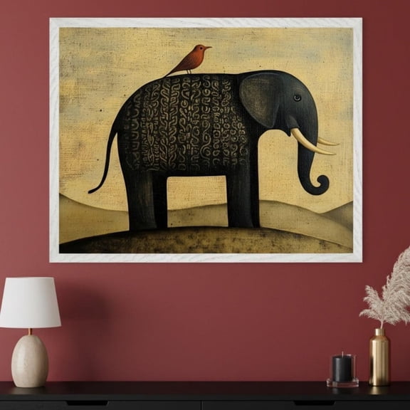 Elephant With Bird Folk Art Style Print Whimsical Animal Wall Art Unframed Paper Print