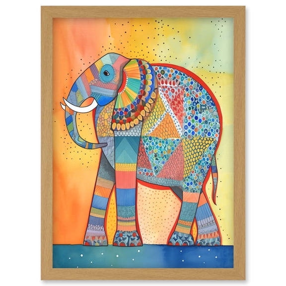 Elephant With Geometric Patterns Folk Art Watercolour Painting Artwork Framed Wall Art Print A4