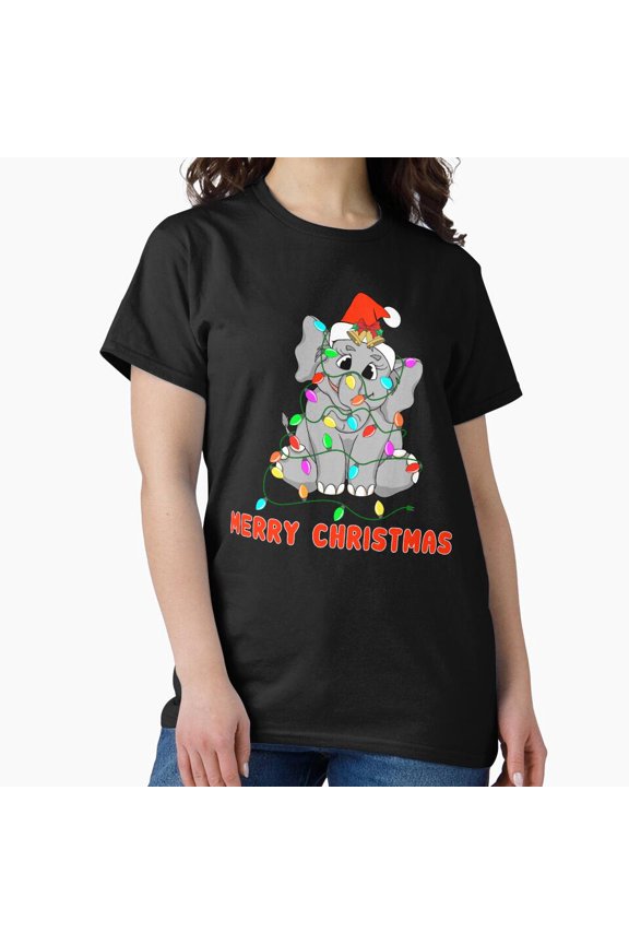 Elephant With Holiday Lights Festive Winter Animal Illustration Unisex T-Shirt, up to size 5XL