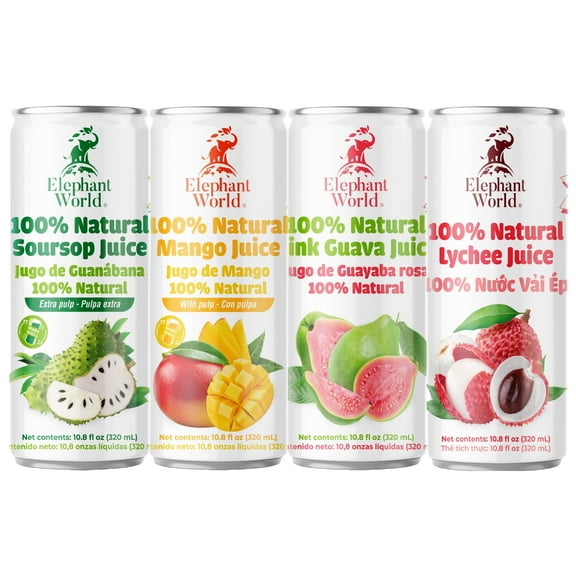 Elephant World 100% Natural Juices Canned | Assorted Superfruits | Soursop-Mango-Guava-Lychee | NO Sugar added | NOT From Concentrate | NON GMO | 12 Pack, 320 ML