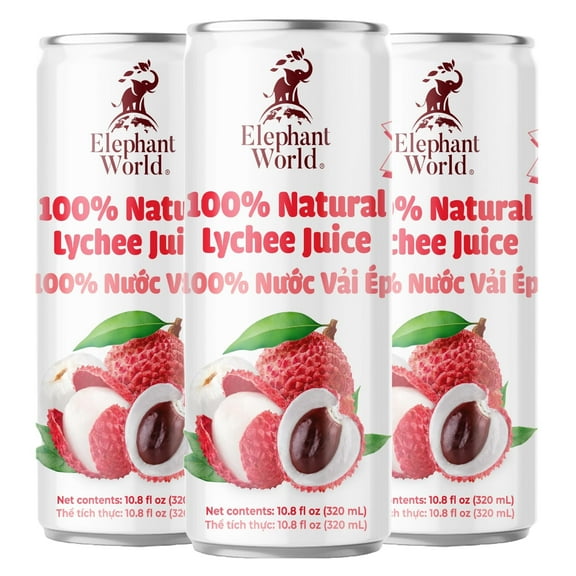 Elephant World 100% Natural Lychee Juice Canned | NON GMO | 10.8 oz (Pack of 12), Lychee