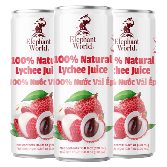 Elephant World 100% Natural Lychee Juice Canned | NON GMO | 10.8 oz (Pack of 6), Lychee