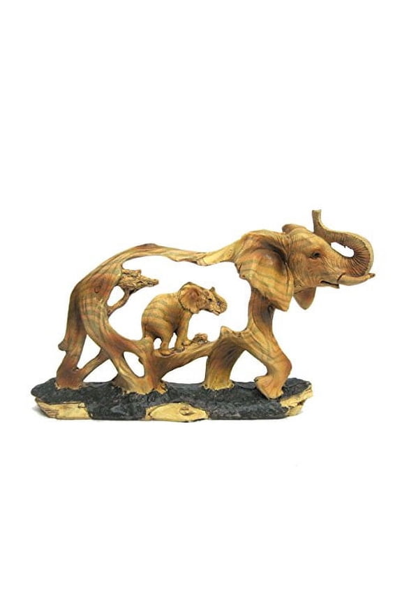 Elephant and Baby Walking in the Wild Faux Wood Figurine