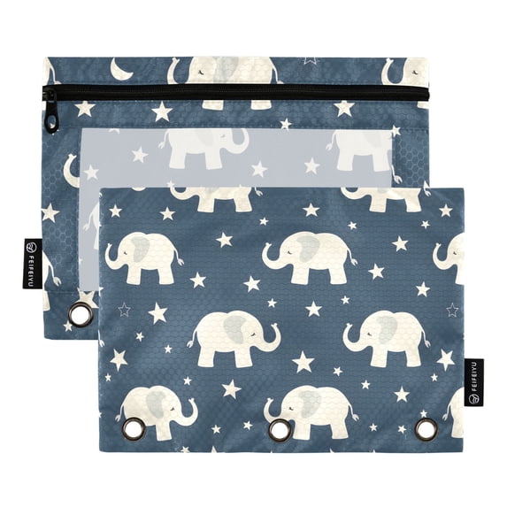 Elephant and Stars 2 Pack Pencil Pouch for 3 Ring Binder Smooth Zipper Folders with Pockets Clear Window Pencil Case