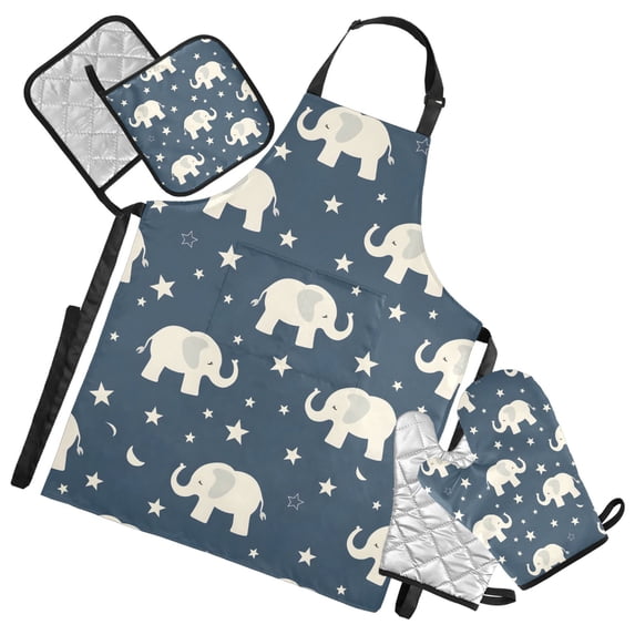 Elephant and Stars 5 Pcs Kitchen Set Heat Resistant Oven Mitts and Non-Slip Pot Holders with Adjustable Cooking Apron