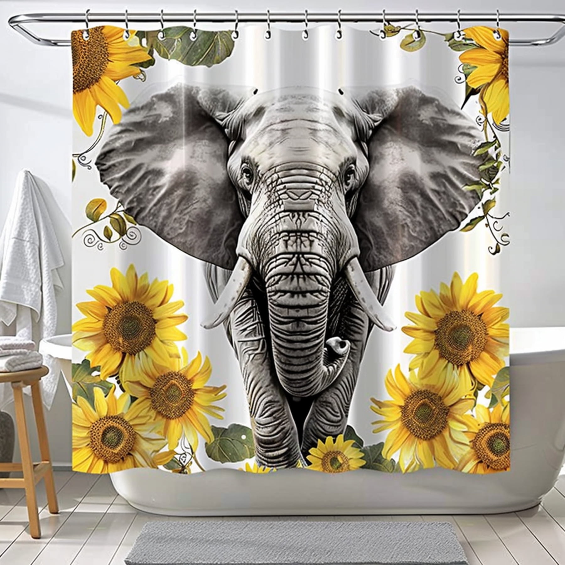 Elephant and Sunflowers Bathroom Shower Curtain Set White Decor with