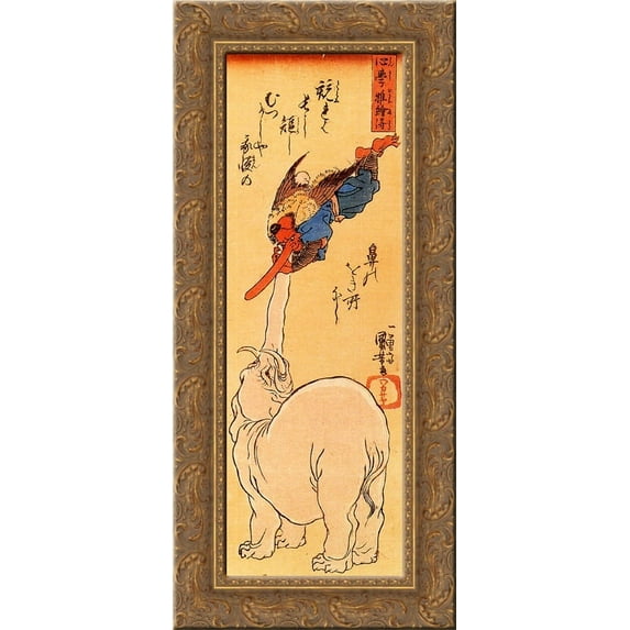 Elephant catching a flying tengu 24x10 Gold Ornate Wood Framed Canvas Art by Utagawa Kuniyoshi
