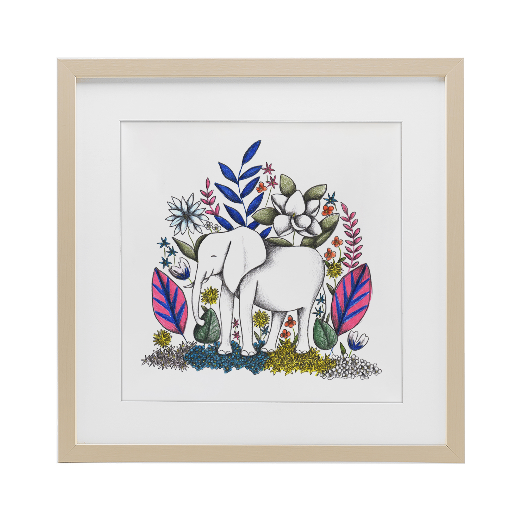 Elephant in Midst of Flowers Birch Framed Print Under Glass, design by Cecilia Battaini