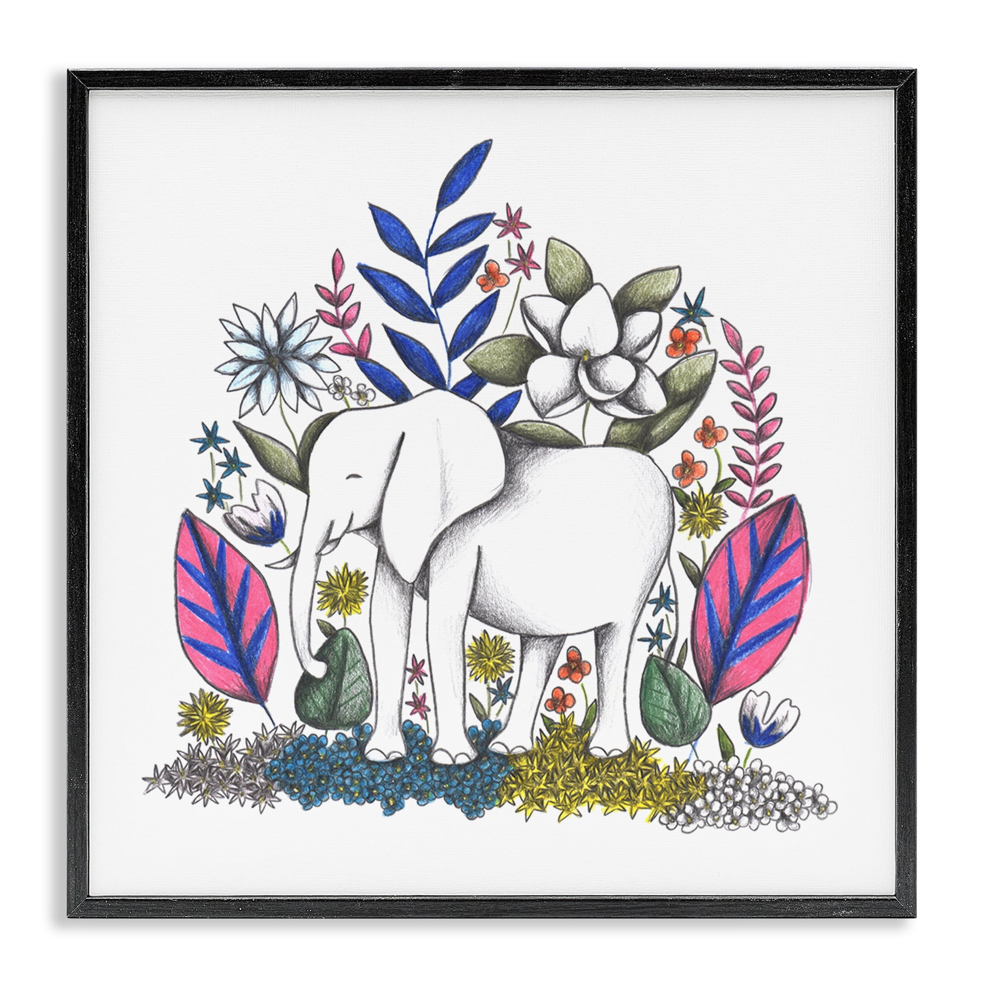 Elephant in Midst of Flowers Black Framed Giclee Art, design by Cecilia Battaini