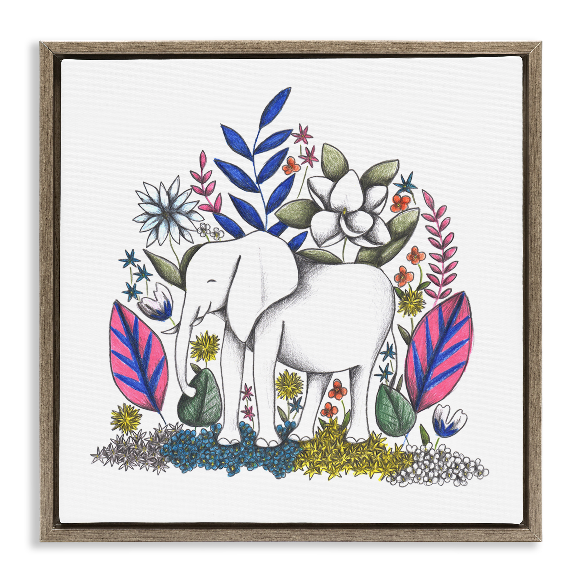 Elephant in Midst of Flowers Brown Framed Floater Canvas Wall Art, design by Cecilia Battaini