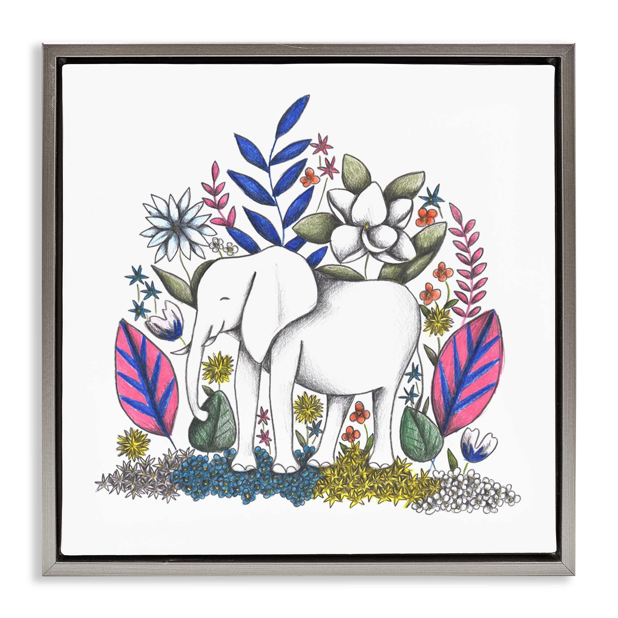 Elephant in Midst of Flowers Gray Framed Floater Canvas Wall Art, design by Cecilia Battaini