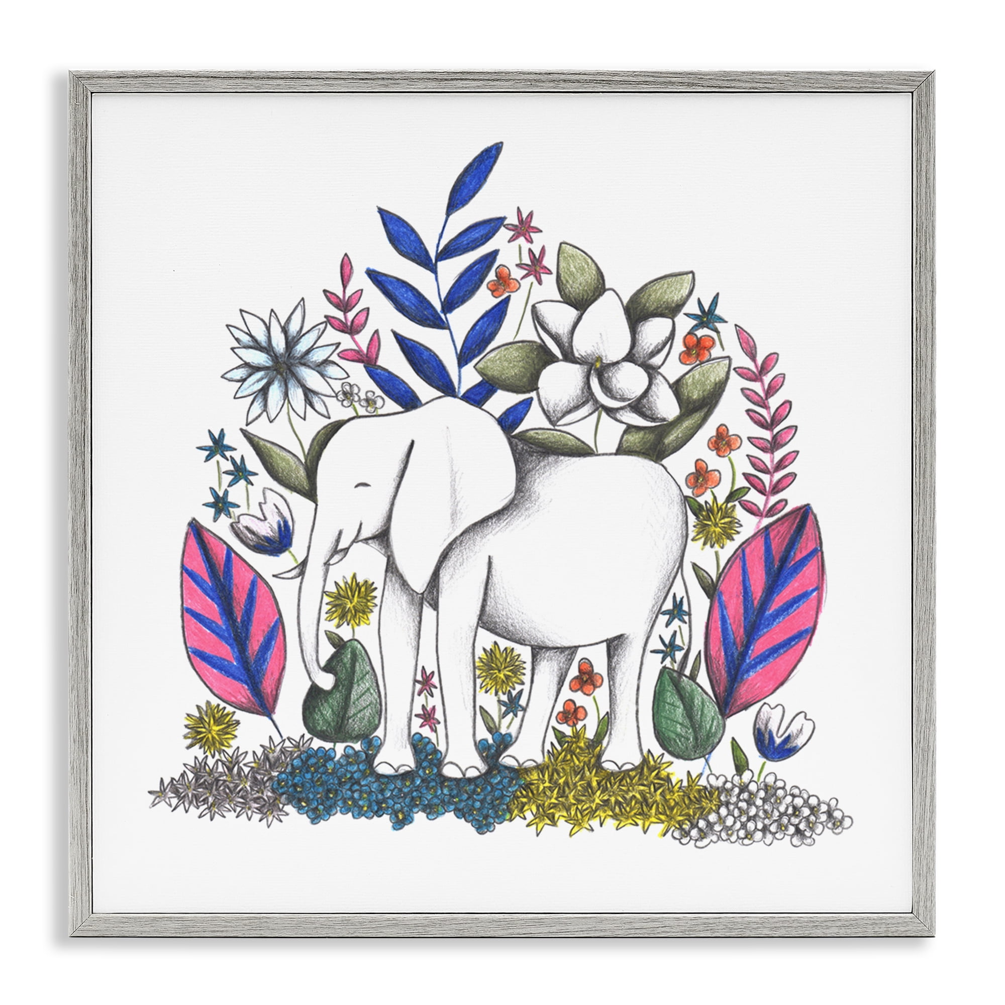 Elephant in Midst of Flowers Gray Framed Giclee Art, design by Cecilia Battaini