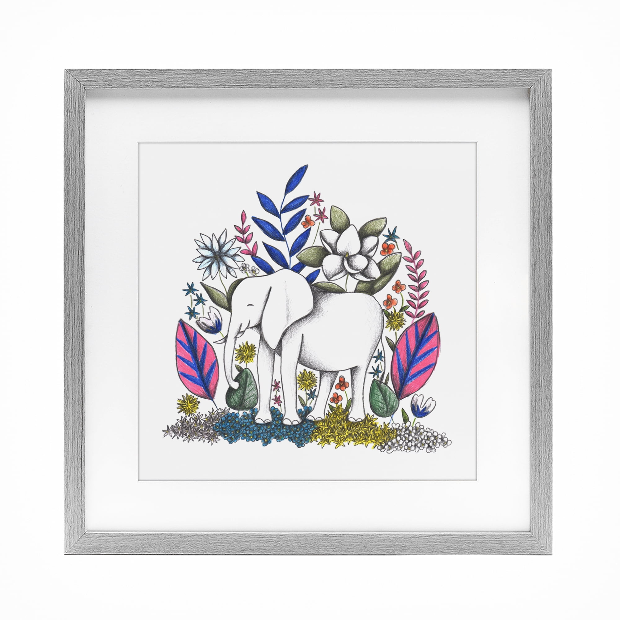 Elephant in Midst of Flowers Gray Framed Print Under Glass, design by Cecilia Battaini