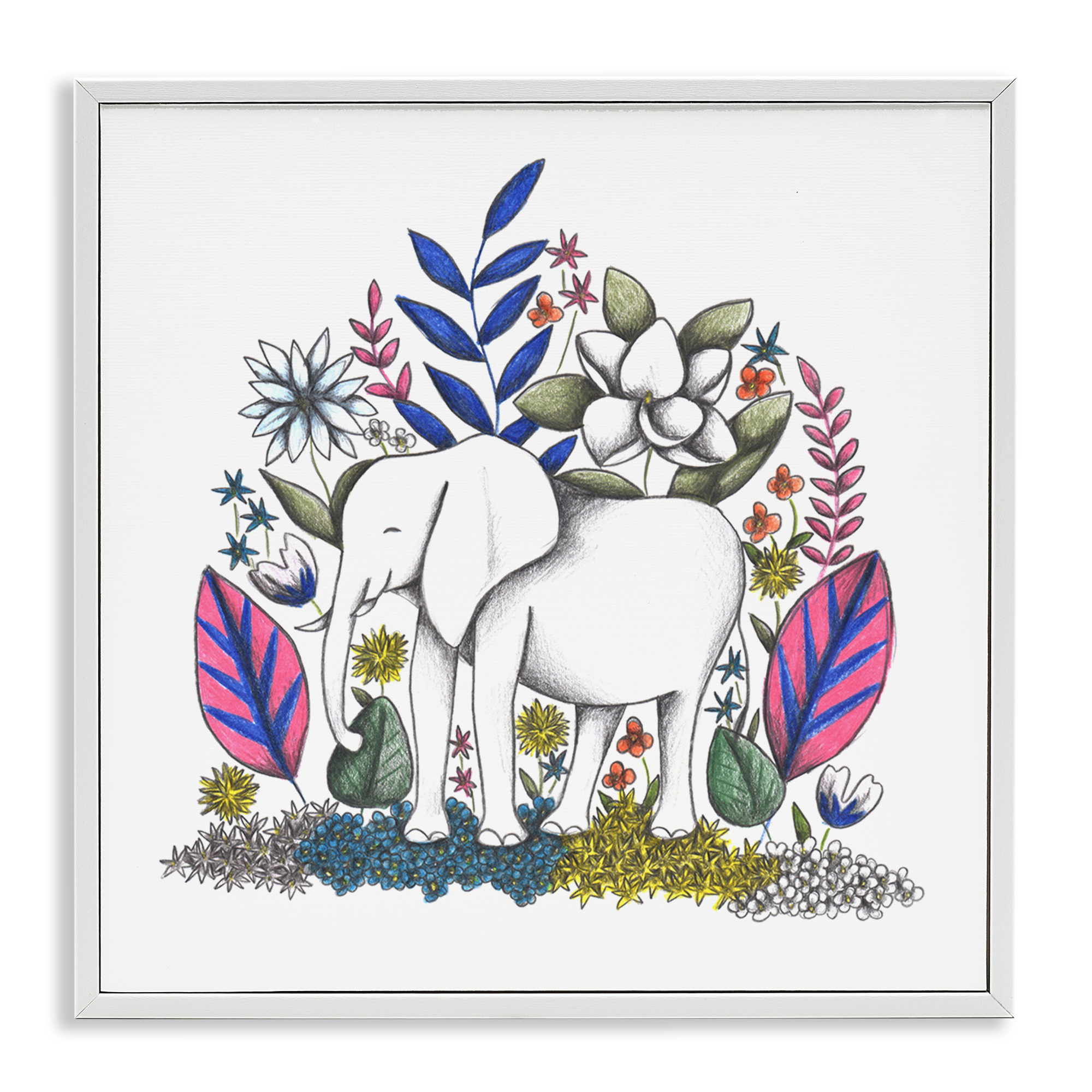 Elephant in Midst of Flowers White Framed Giclee Art, design by Cecilia Battaini