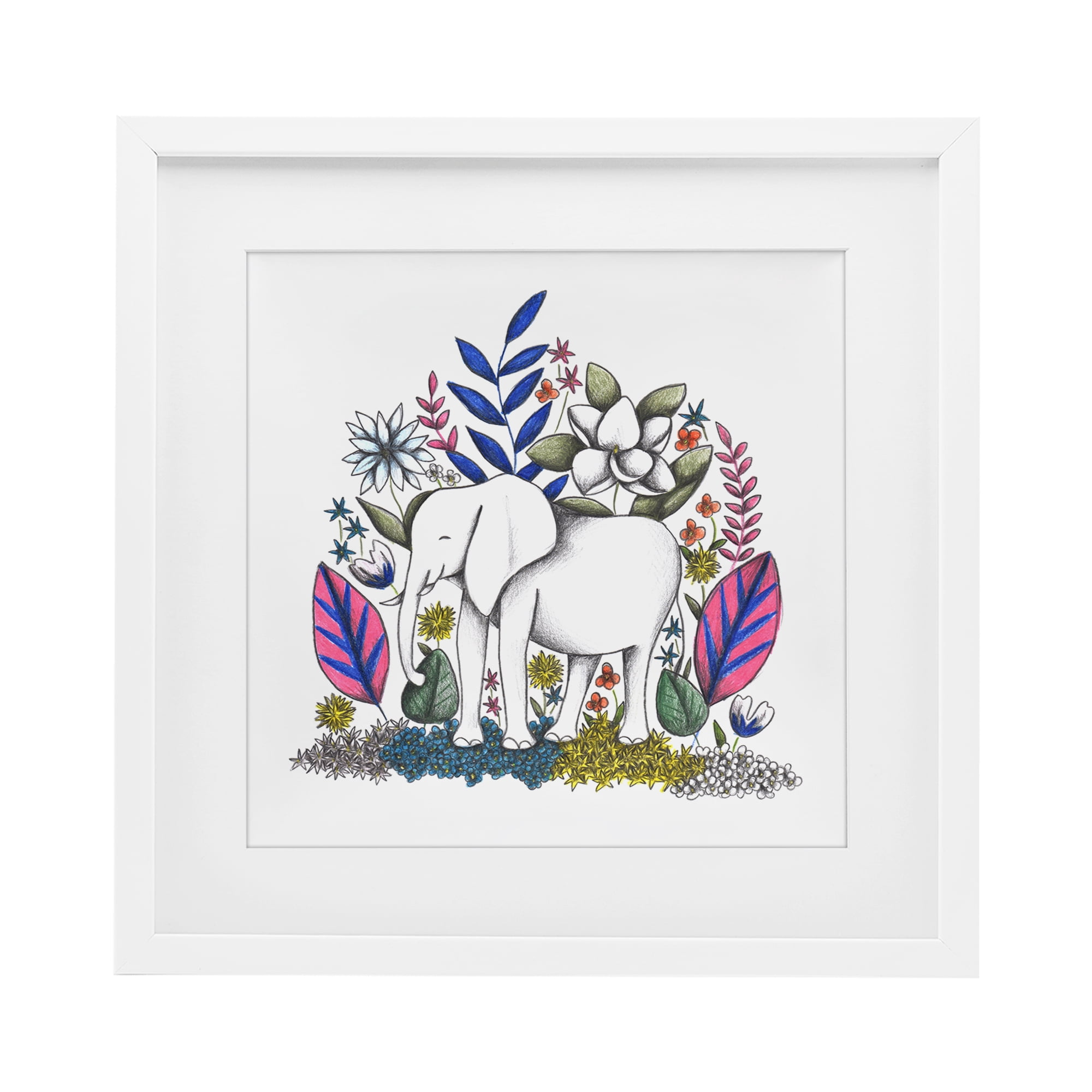 Elephant in Midst of Flowers White Framed Print Under Glass, design by Cecilia Battaini