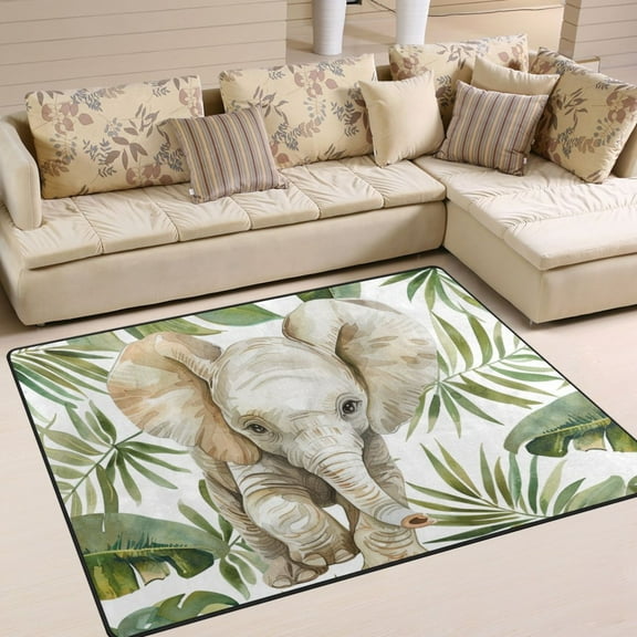 Elephant in Palm Leaves Area Rugs Soft Non-Slip Floor Mats Large Nursery Carpets Doormat for Living Room Bedroom Hotel Decor 63"x48"