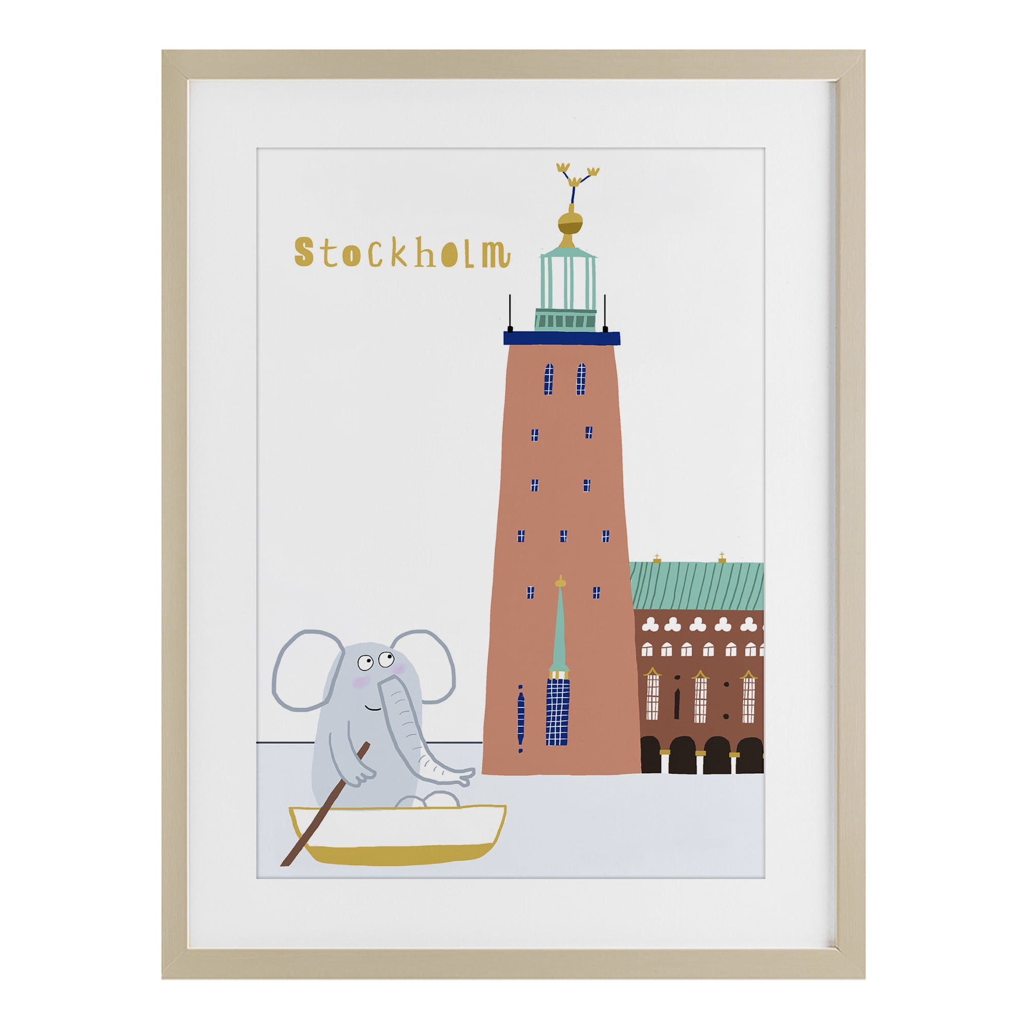 Elephant in Stockholm Boat Birch Framed Print Under Glass, design by Carla Daly
