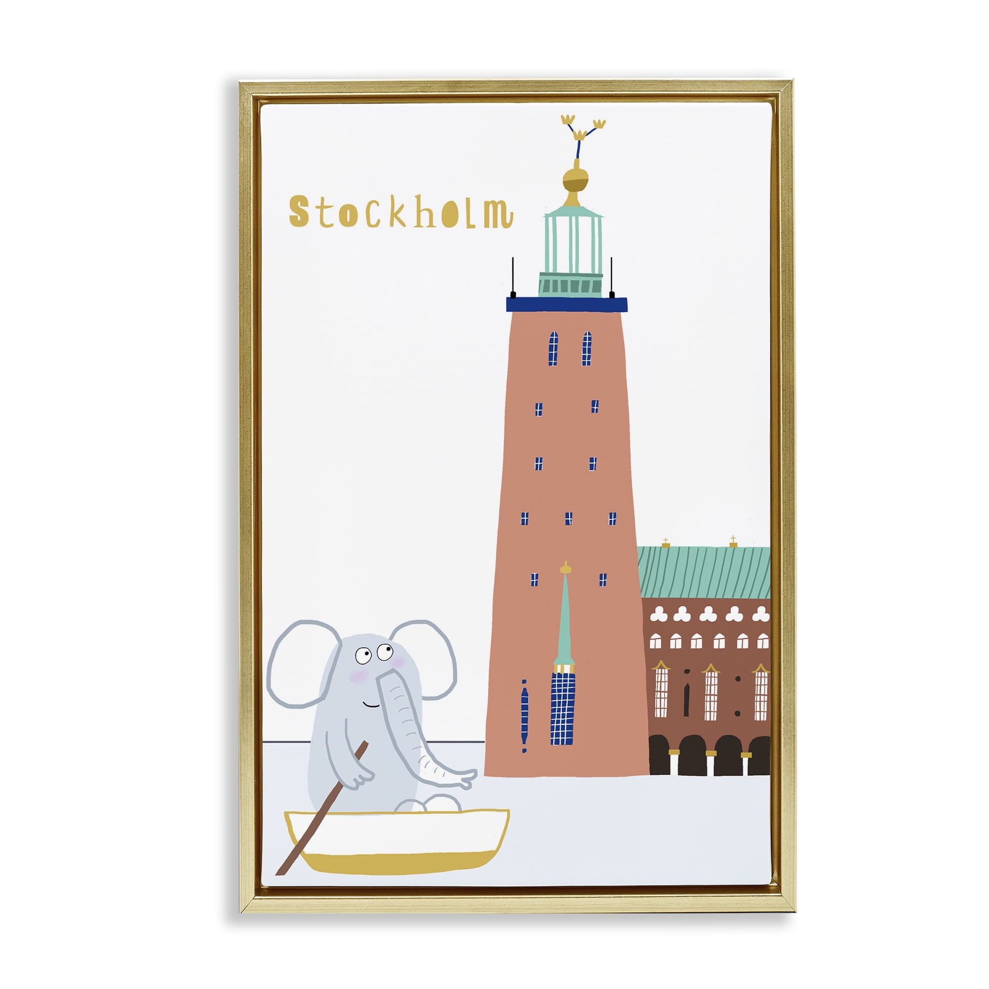 Elephant in Stockholm Boat Gold Framed Floater Canvas Wall Art, design by Carla Daly