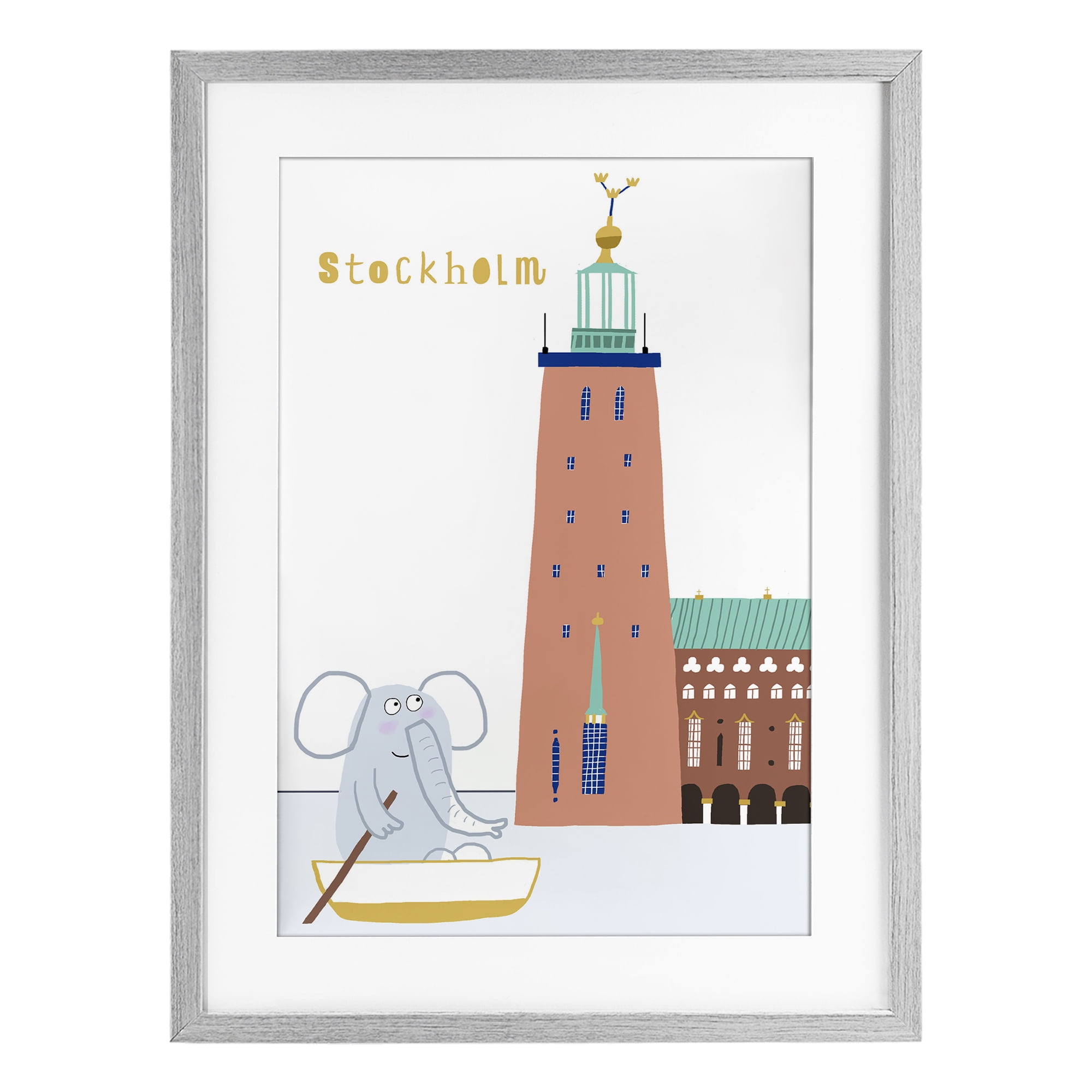 Elephant in Stockholm Boat Gray Framed Print Under Glass, design by Carla Daly
