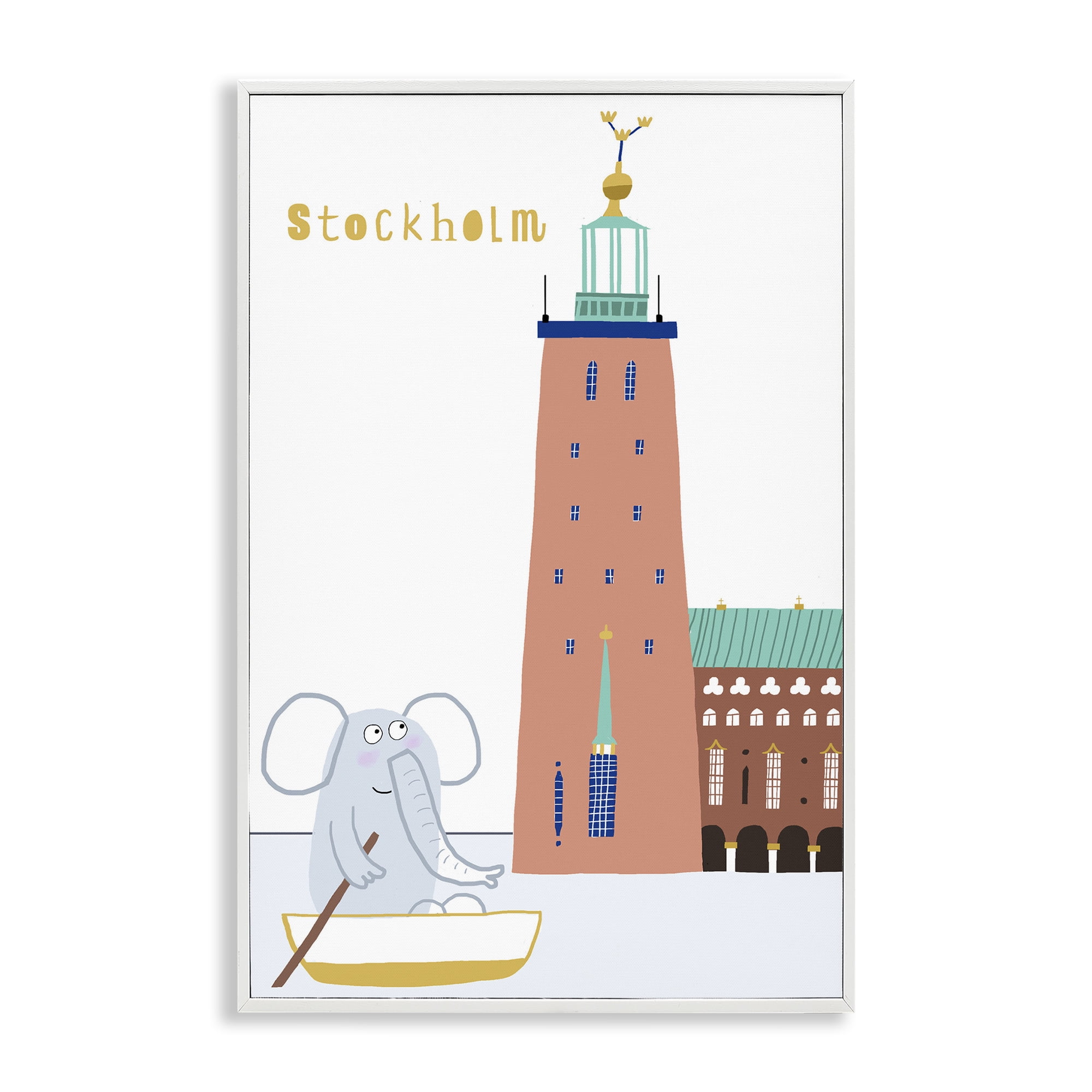 Elephant in Stockholm Boat White Framed Giclee Art, design by Carla Daly