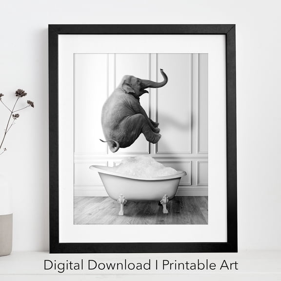 Elephant in Tub Black and White Photo Bathroom Art Print, Unframed Canvas 8x10in