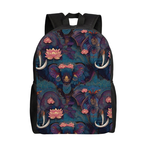 Elephant and lotus illustration Backpack with 15 Inch Laptop Compartment,Water-Resistant Daypack, Large Capacity Backpack with Adjustable Breathable Shoulder Straps for Daily Use Travel Gym