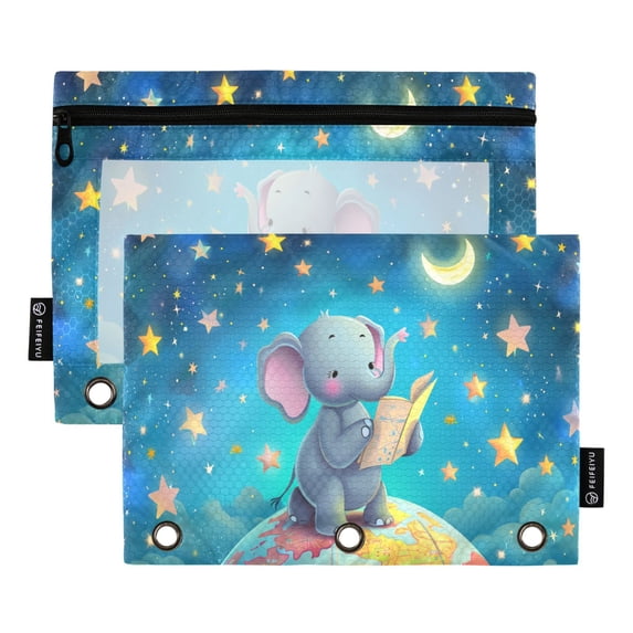 Elephant on Earth 2 Pack Pencil Pouch for 3 Ring Binder Smooth Zipper Folders with Pockets Clear Window Pencil Case