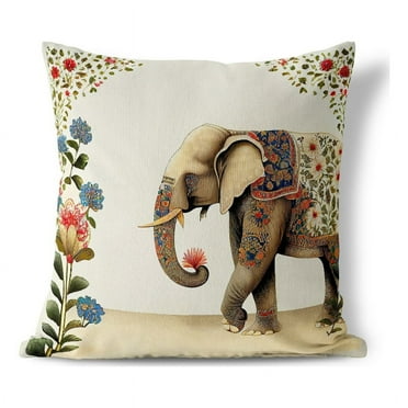 Elephant's Floral Fantasy Throw Pillow with Removable Cover in Beige 16x16