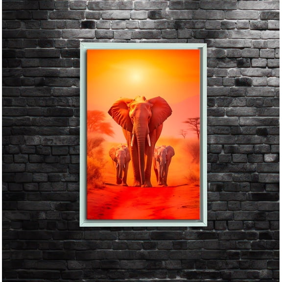 Elephant wall art print, African wildlife sunset, orange safari decor, majestic elephant family poster, Size 12x18 UNFFRAMED F03.1.8l1429