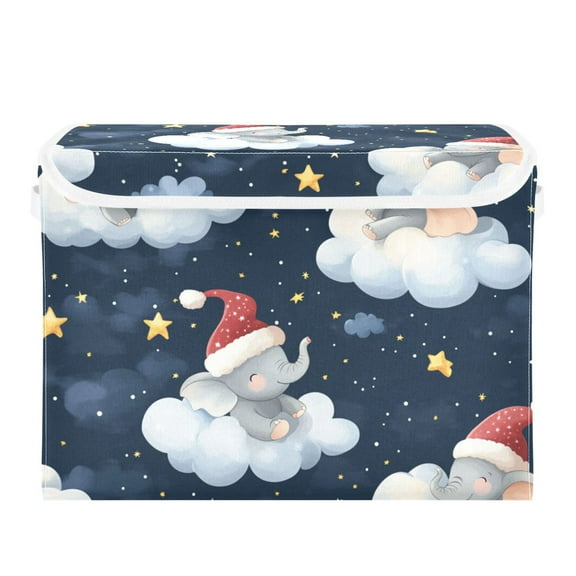 Elephant with Christmas Hats Clouds Stars Foldable Storage Bin with Lid and Handle Collapsible Storage Box 16.5 x 12.6 x 11.8 inches