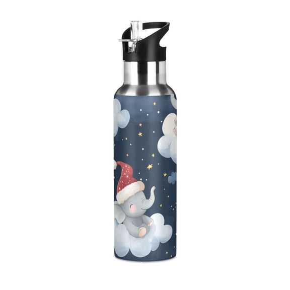 Elephant with Christmas Hats Clouds Stars Sports Bottle with Straw Stainless Steel Water Jug Portable Thermal Cup Leak-proof 600ML