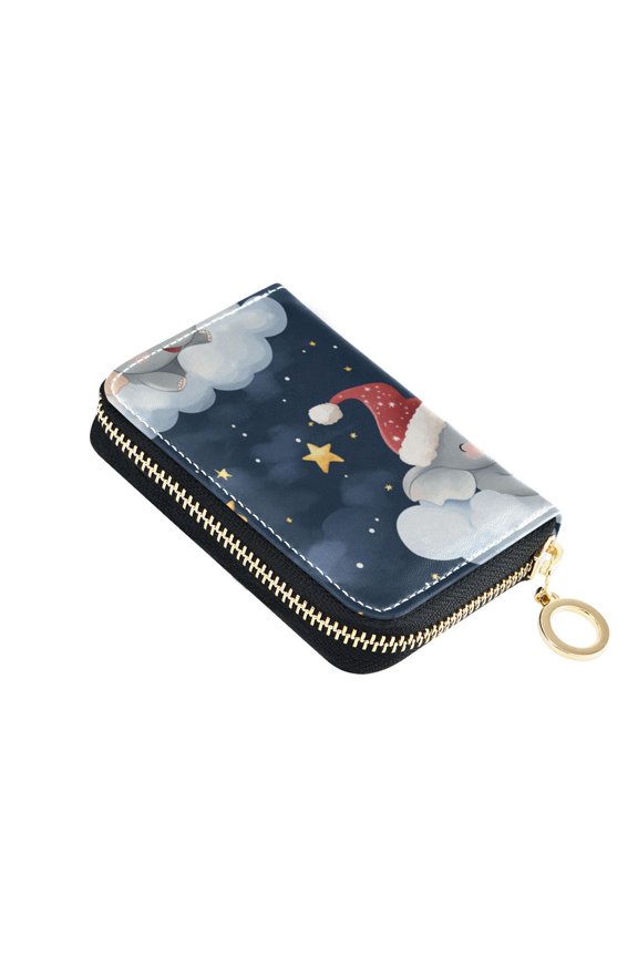 Elephant with Christmas Hats Clouds Stars Women's Credit Card Holder PU Leather Zipper Wallet RFID Blocking