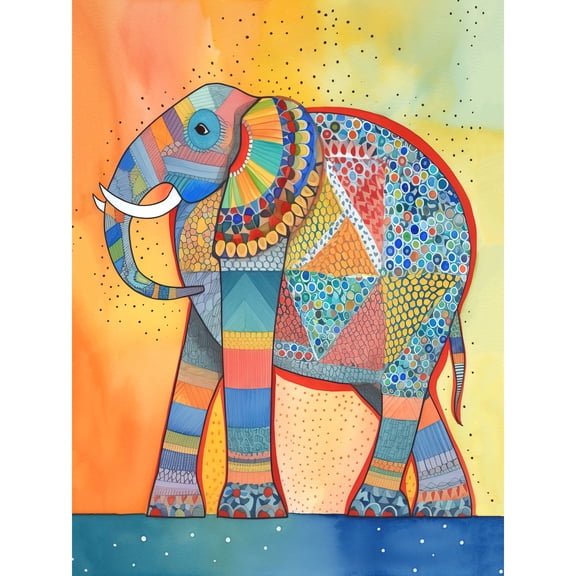 Elephant with Geometric Patterns Folk Art Watercolour Painting Extra Large XL Wall Art Poster Print