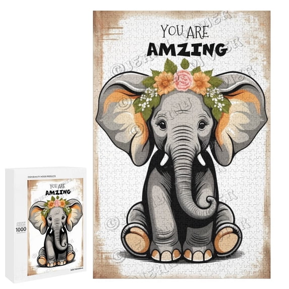 Elephant with Inspiring Positive Quotes Wood Wall Art Wood Decorative for Home Desk Shelf Wall Decor 1000 Piece Jigsaw Puzzle for Adults 20"x30"