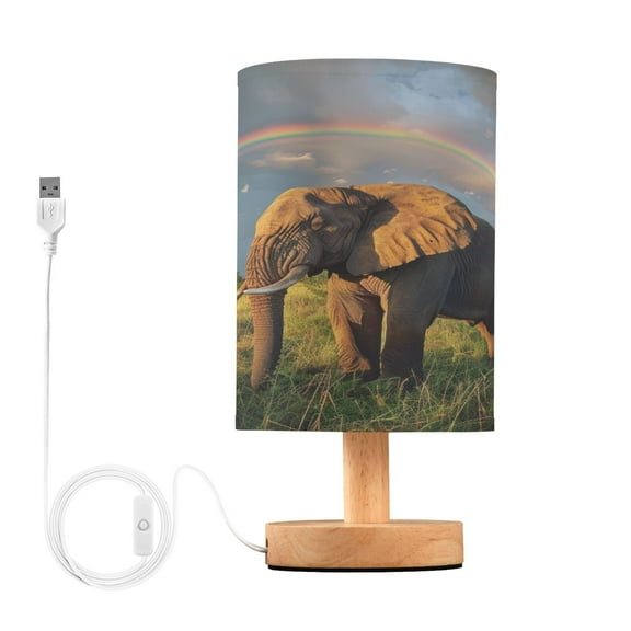 Elephant with Rainbow Sky Bedside Table Lamp Desk Warm Lights with USB Charging Port Cylinder LED Lamps for Bedroom Living Room Office