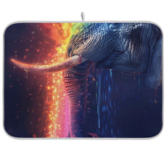 Elephant with Rainbow Waterfall Dish Drying Mats Kitchen Mat Microfiber Counter Absorbent Dish Pad Drainer Rack 18"x24"