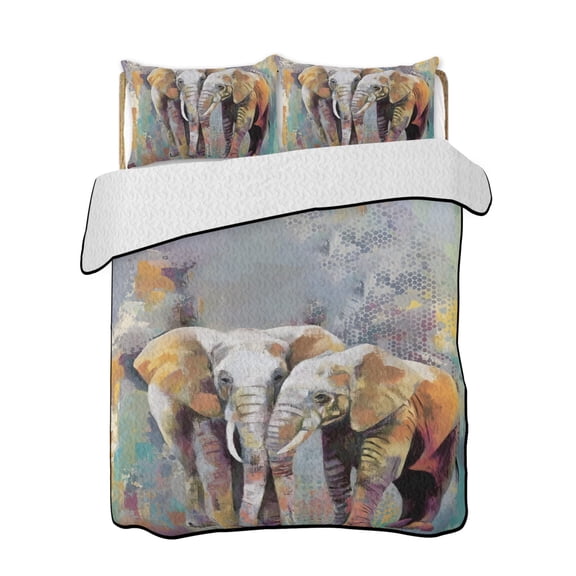 Elephants 3 Piece Quilt Bedding Set with 2 Pillow Shams, Animal Abstract Splatters Bohemian Lightweight Bedspread Coverlet, Soft Breathable All Season Quilt, 96 x 106 Inch