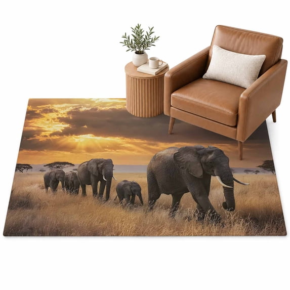 Elephants Area Rug 3'x5', Rustic Brown Wilderness Gold Sunset Soft Mat ...